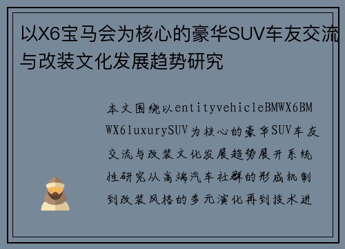 以X6宝马会为核心的豪华SUV车友交流与改装文化发展趋势研究