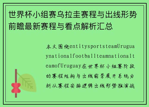 世界杯小组赛乌拉圭赛程与出线形势前瞻最新赛程与看点解析汇总